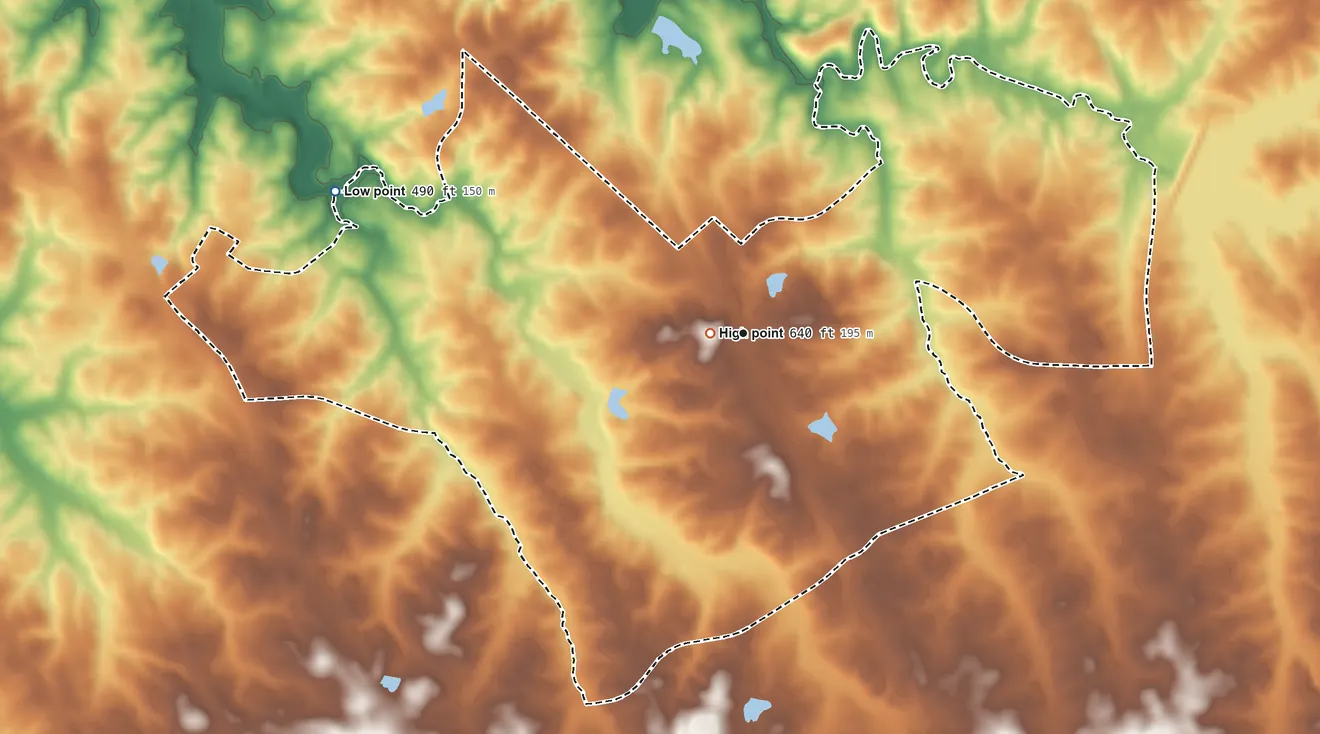 Topographic elevation map of Elgin, South Carolina, shaded from 490 ft on the west side to 640 ft near the middle