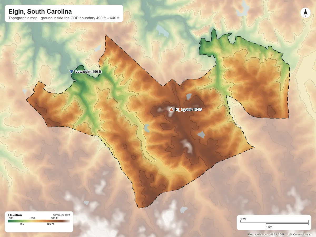 Topographic elevation map of Elgin, South Carolina, shaded from 490 ft on the west side to 640 ft near the middle