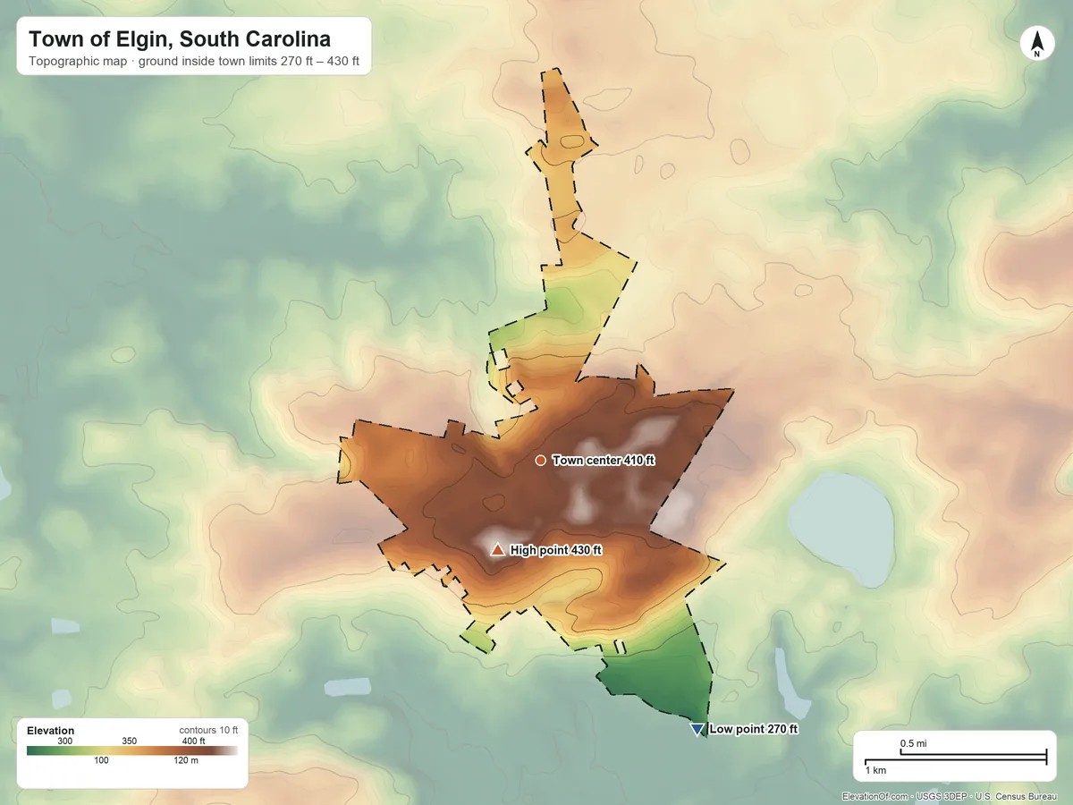 Topographic elevation map of Town of Elgin, South Carolina, shaded from 270 ft on the southeast side to 430 ft on the southwest side