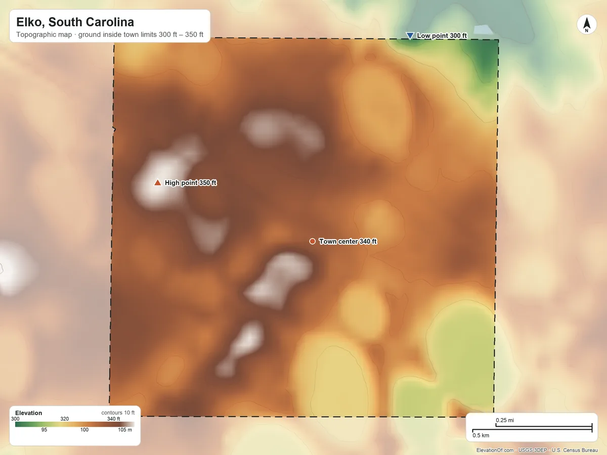 Topographic elevation map of Elko, South Carolina, shaded from 300 ft on the northeast side to 350 ft on the west side