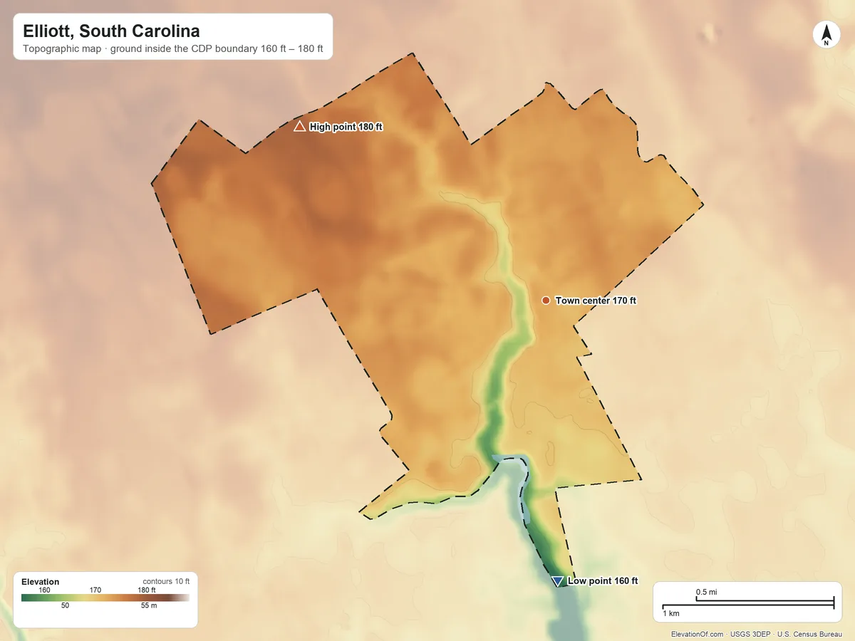 Topographic elevation map of Elliott, South Carolina, shaded from 160 ft on the south side to 180 ft on the northwest side