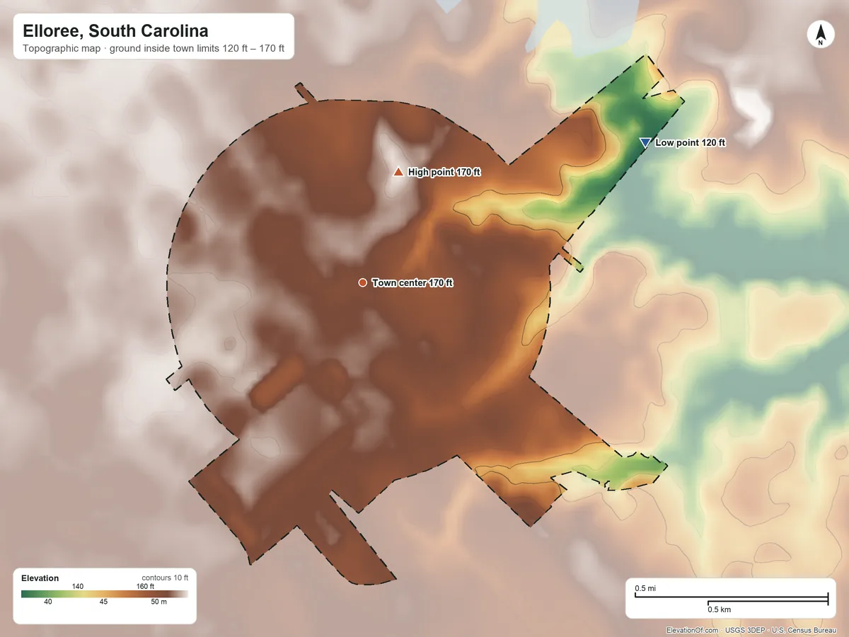 Topographic elevation map of Elloree, South Carolina, shaded from 120 ft on the northeast side to 170 ft on the north side