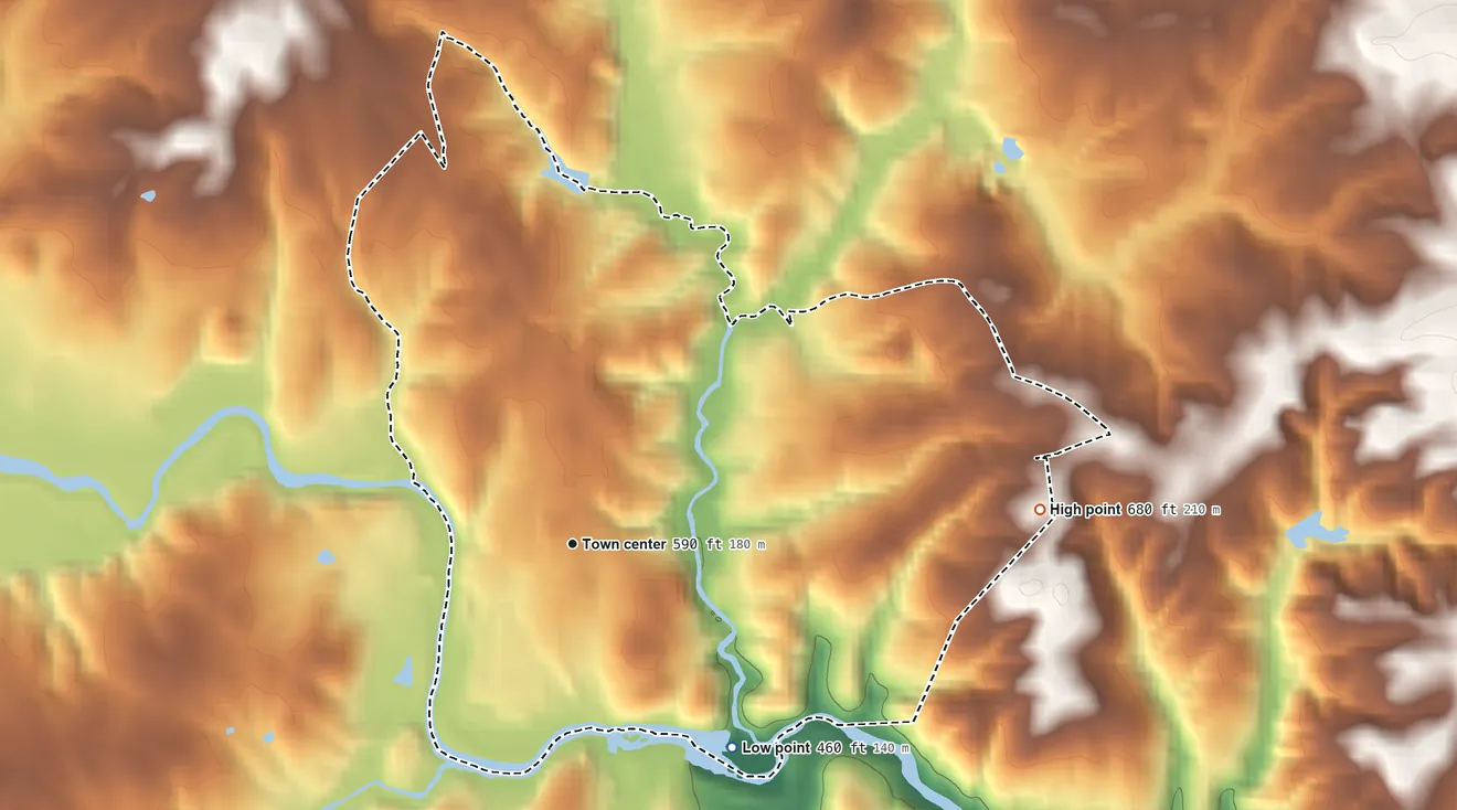 Topographic elevation map of Enoree, South Carolina, shaded from 460 ft on the southeast side to 680 ft on the east side