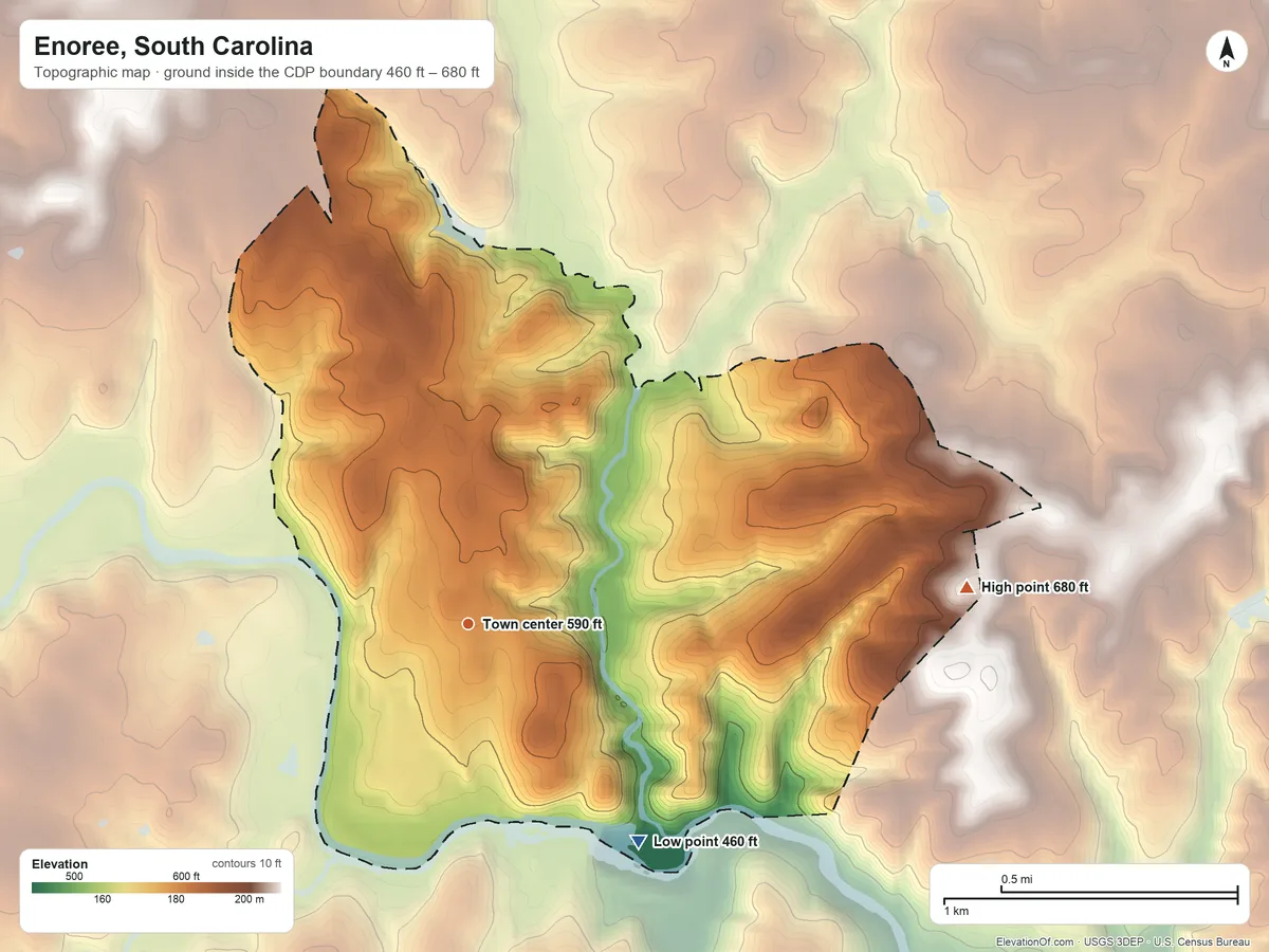 Topographic elevation map of Enoree, South Carolina, shaded from 460 ft on the southeast side to 680 ft on the east side