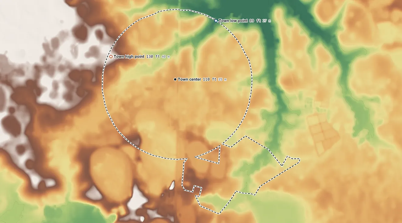 Topographic elevation map of Estill, South Carolina, shaded from 89 ft on the northeast side to 130 ft on the west side