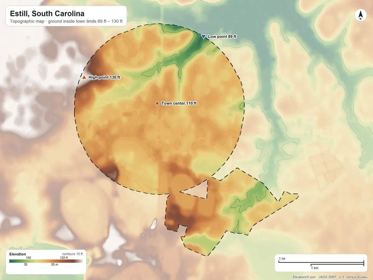 Topographic elevation map of Estill, South Carolina, shaded from 89 ft on the northeast side to 130 ft on the west side
