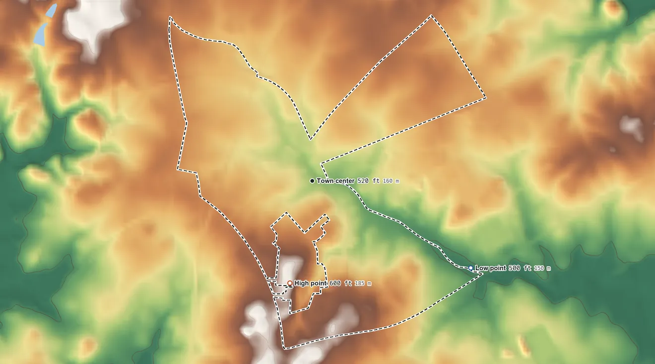Topographic elevation map of Eureka Mill, South Carolina, shaded from 500 ft on the southeast side to 600 ft on the south side