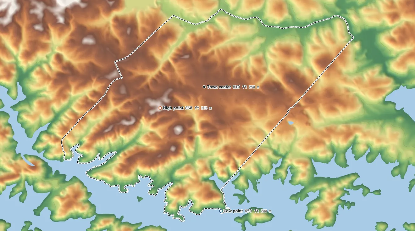 Topographic elevation map of Fair Play, South Carolina, shaded from 650 ft on the south side to 860 ft on the southwest side