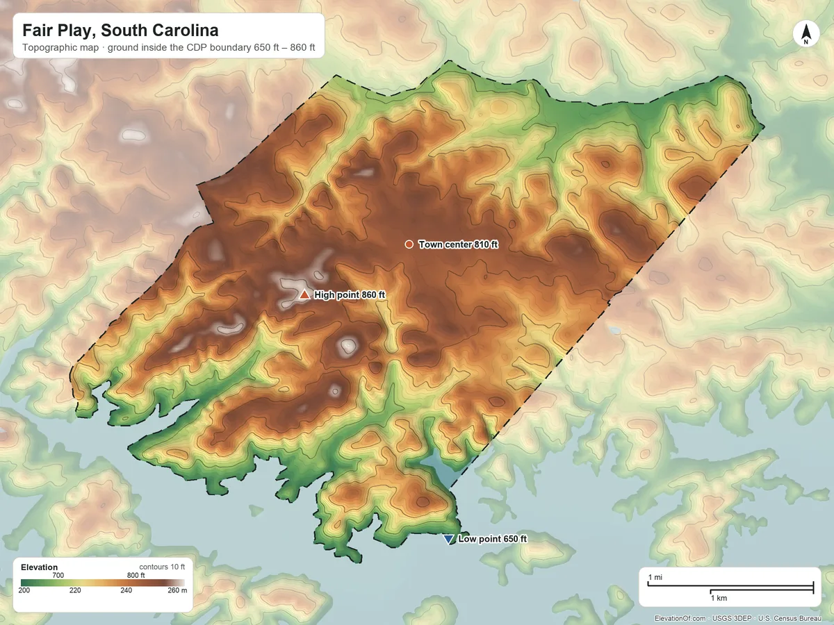Topographic elevation map of Fair Play, South Carolina, shaded from 650 ft on the south side to 860 ft on the southwest side
