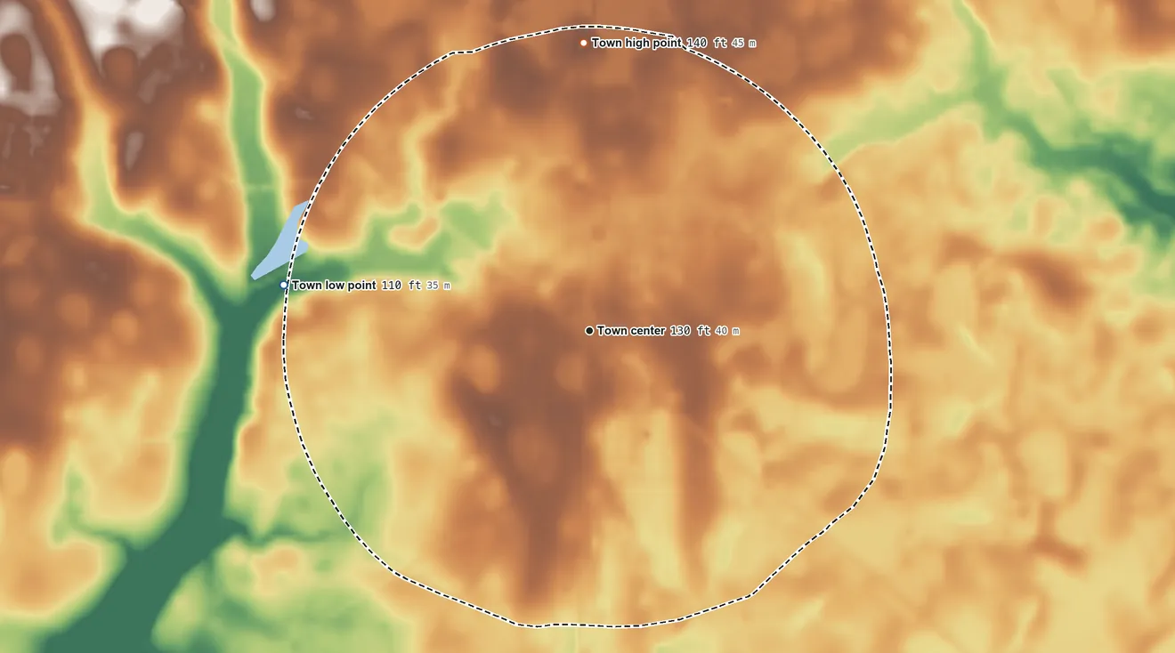 Topographic elevation map of Fairfax, South Carolina, shaded from 110 ft on the west side to 140 ft on the north side