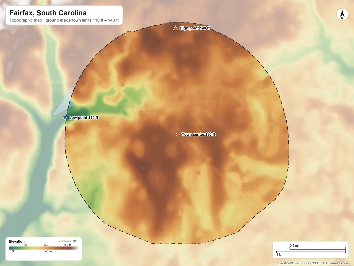 Topographic elevation map of Fairfax, South Carolina, shaded from 110 ft on the west side to 140 ft on the north side