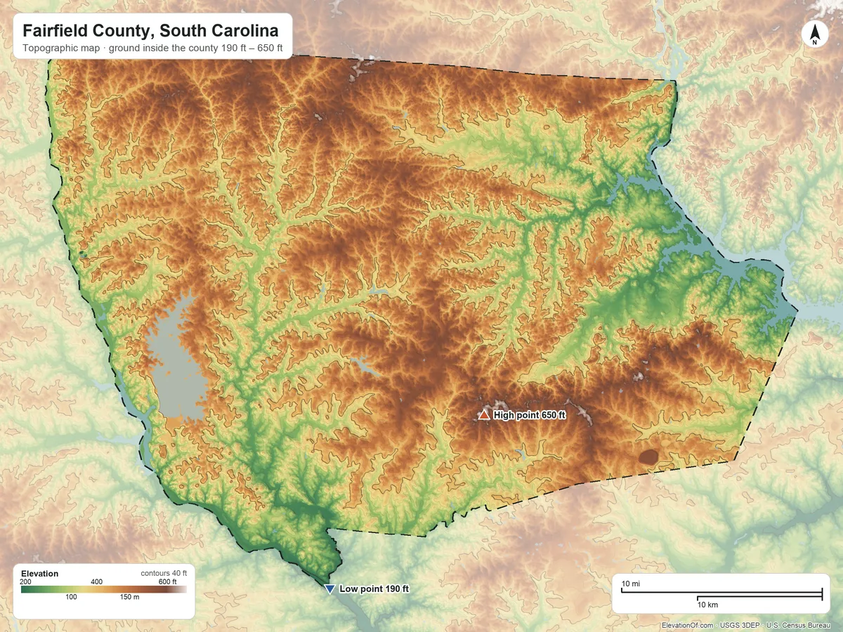 Topographic elevation map of Fairfield County, South Carolina, shaded from 190 ft on the south side to 650 ft on the southeast side