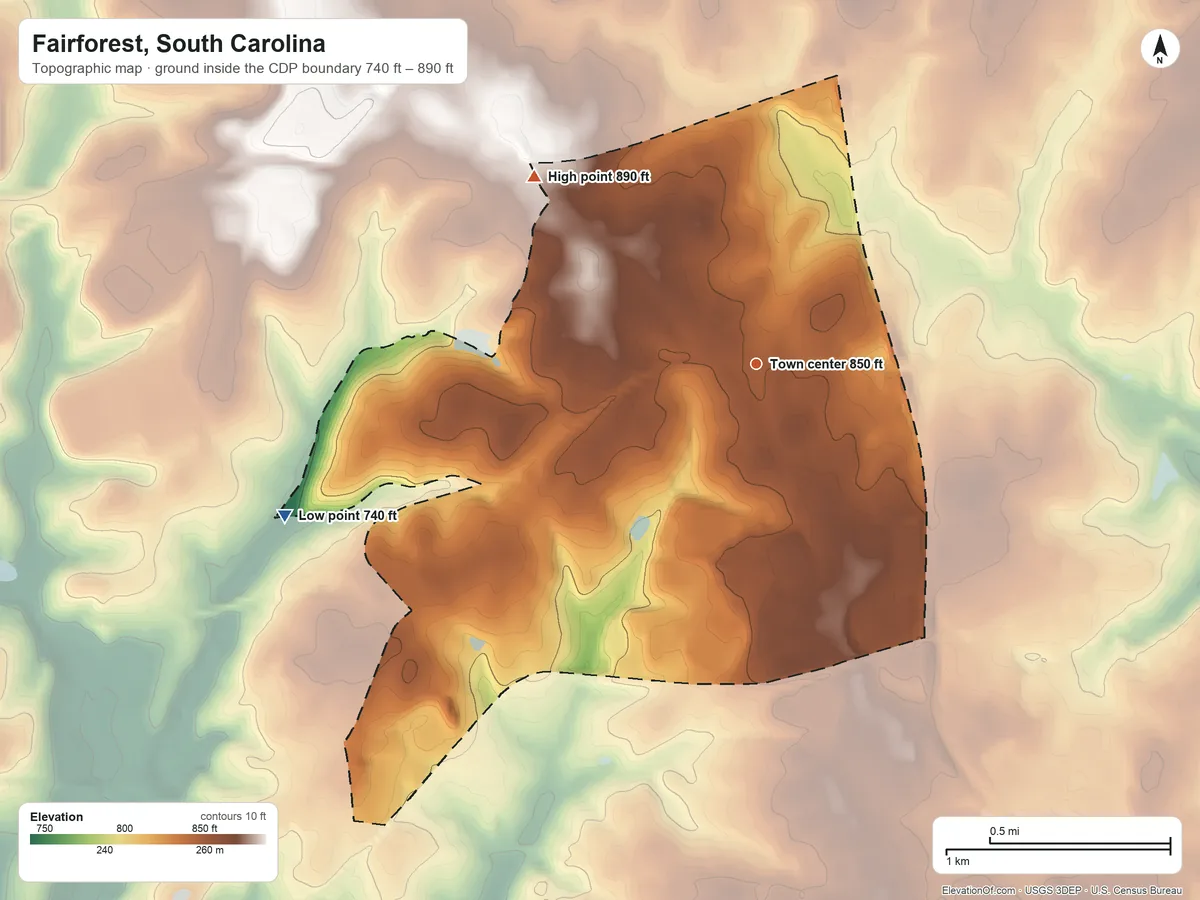 Topographic elevation map of Fairforest, South Carolina, shaded from 740 ft on the west side to 890 ft on the northwest side