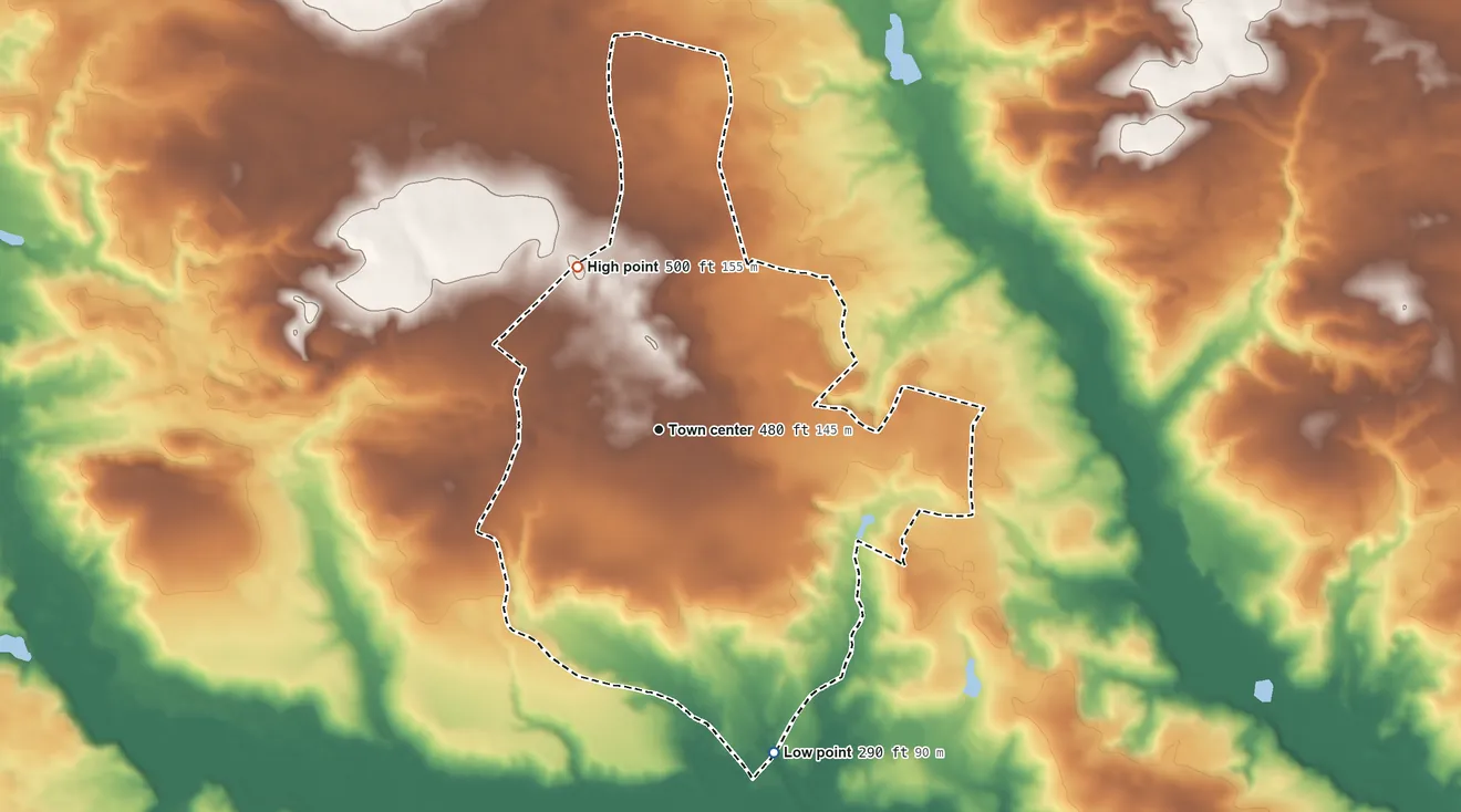 Topographic elevation map of Fairview Crossroads, South Carolina, shaded from 290 ft on the south side to 500 ft on the northwest side