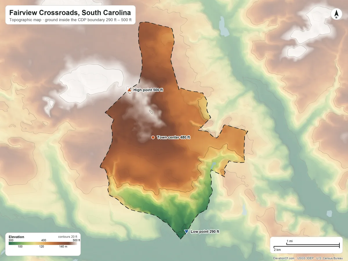 Topographic elevation map of Fairview Crossroads, South Carolina, shaded from 290 ft on the south side to 500 ft on the northwest side