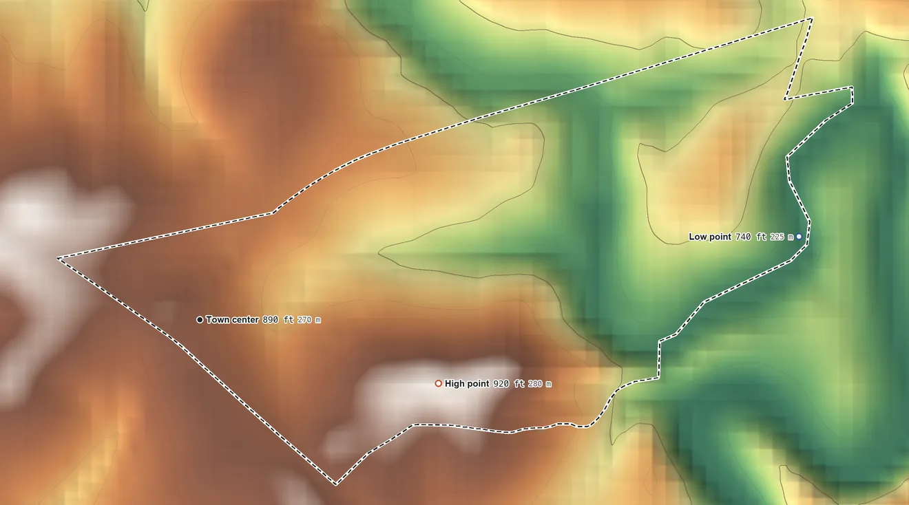 Topographic elevation map of Fingerville, South Carolina, shaded from 740 ft on the east side to 920 ft on the east side