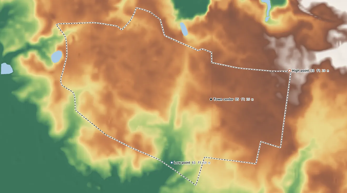 Topographic elevation map of Finklea, South Carolina, shaded from 61 ft on the southwest side to 93 ft on the east side