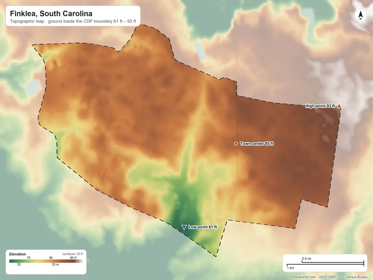 Topographic elevation map of Finklea, South Carolina, shaded from 61 ft on the southwest side to 93 ft on the east side