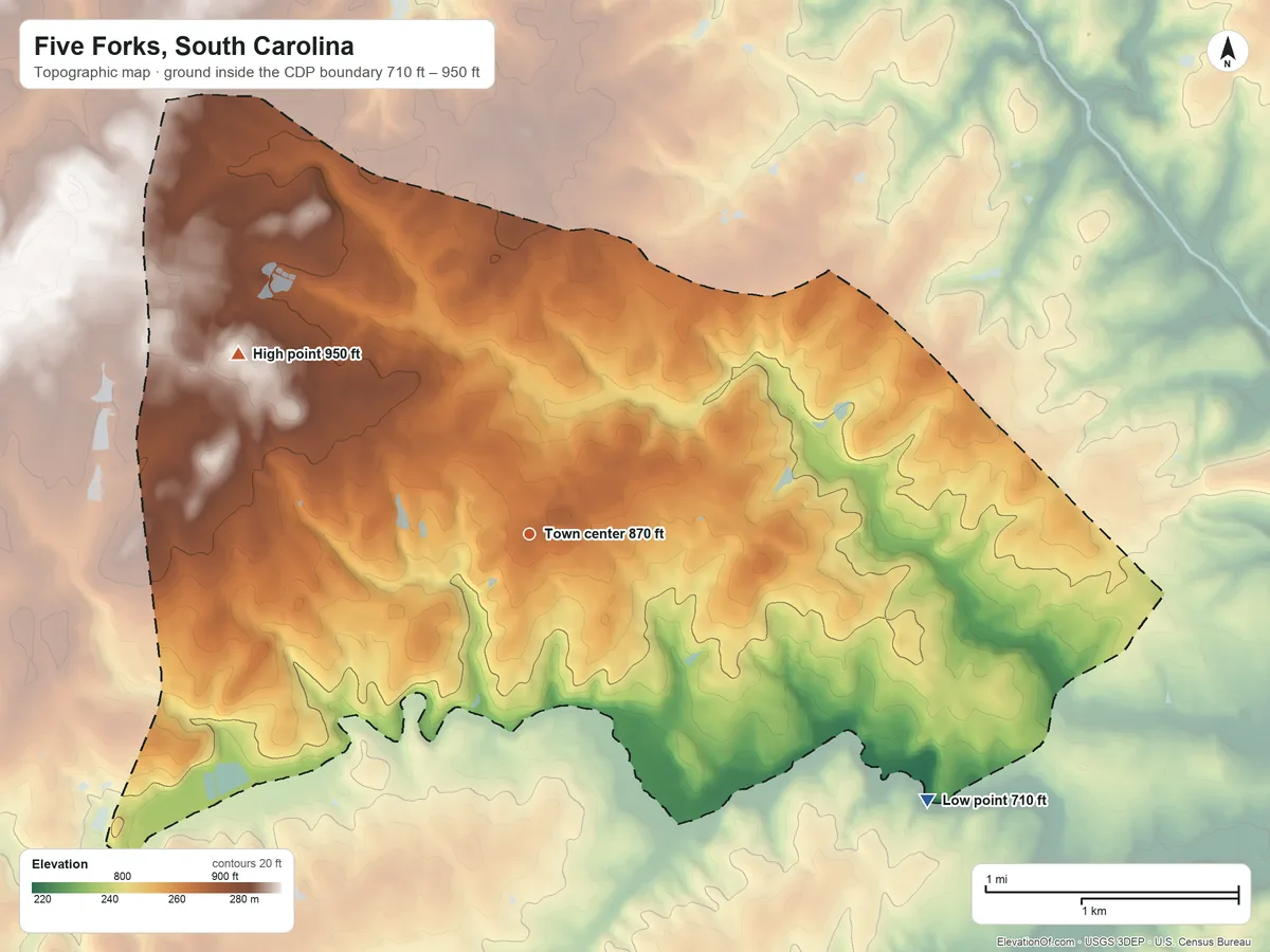 Topographic elevation map of Five Forks, South Carolina, shaded from 710 ft on the southeast side to 950 ft on the northwest side