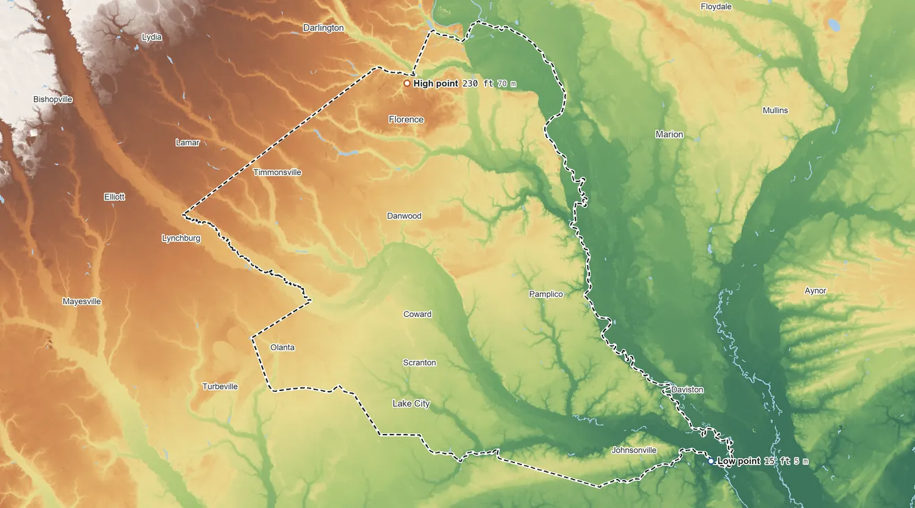 Topographic elevation map of Florence County, South Carolina, shaded from 15 ft on the southeast side to 230 ft on the north side