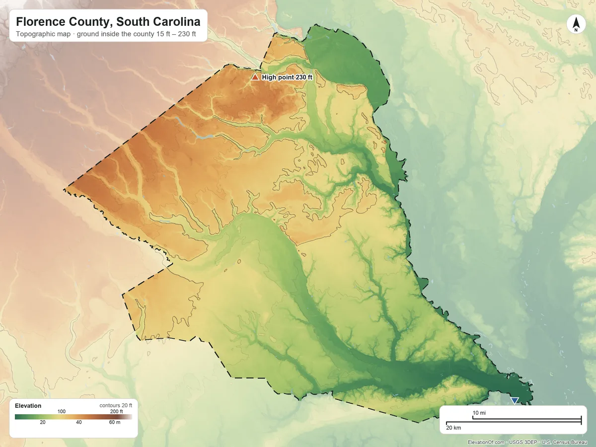 Topographic elevation map of Florence County, South Carolina, shaded from 15 ft on the southeast side to 230 ft on the north side
