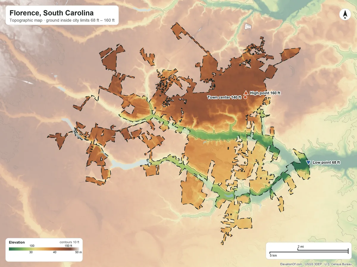 Topographic elevation map of Florence, South Carolina, shaded from 68 ft on the southeast side to 160 ft near the middle