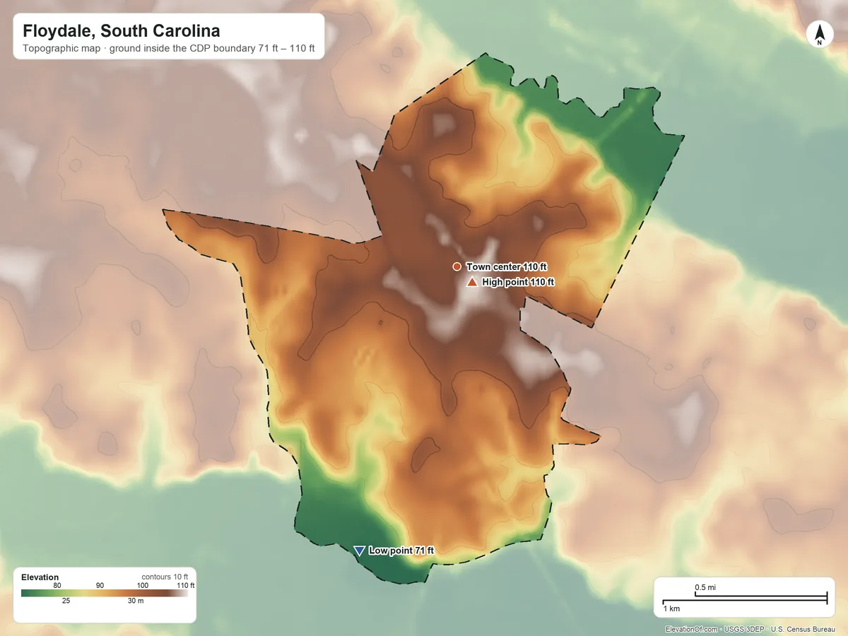 Topographic elevation map of Floydale, South Carolina, shaded from 71 ft on the south side to 110 ft near the middle