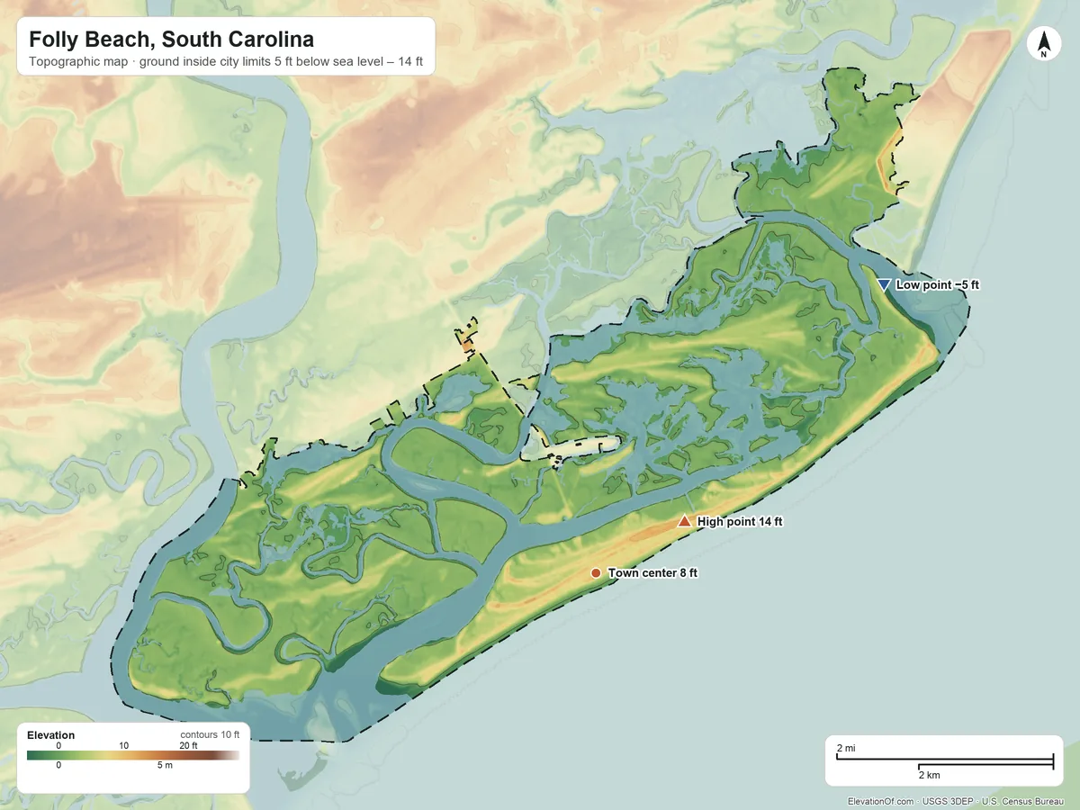 Topographic elevation map of Folly Beach, South Carolina, shaded from −5 ft on the northeast side to 14 ft near the middle
