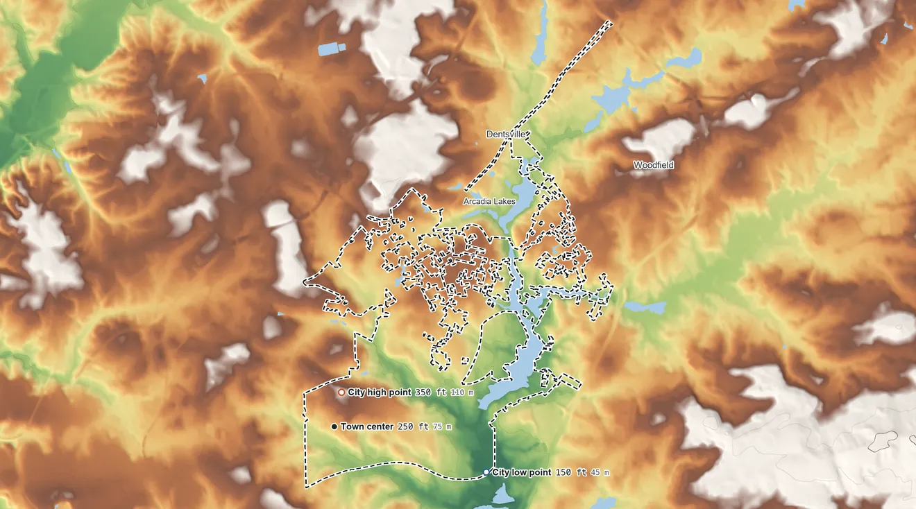 Topographic elevation map of Forest Acres, South Carolina, shaded from 150 ft on the east side to 350 ft on Quinine Hill