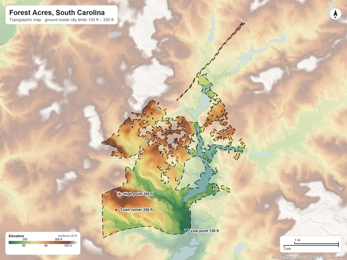 Topographic elevation map of Forest Acres, South Carolina, shaded from 150 ft on the east side to 350 ft on Quinine Hill