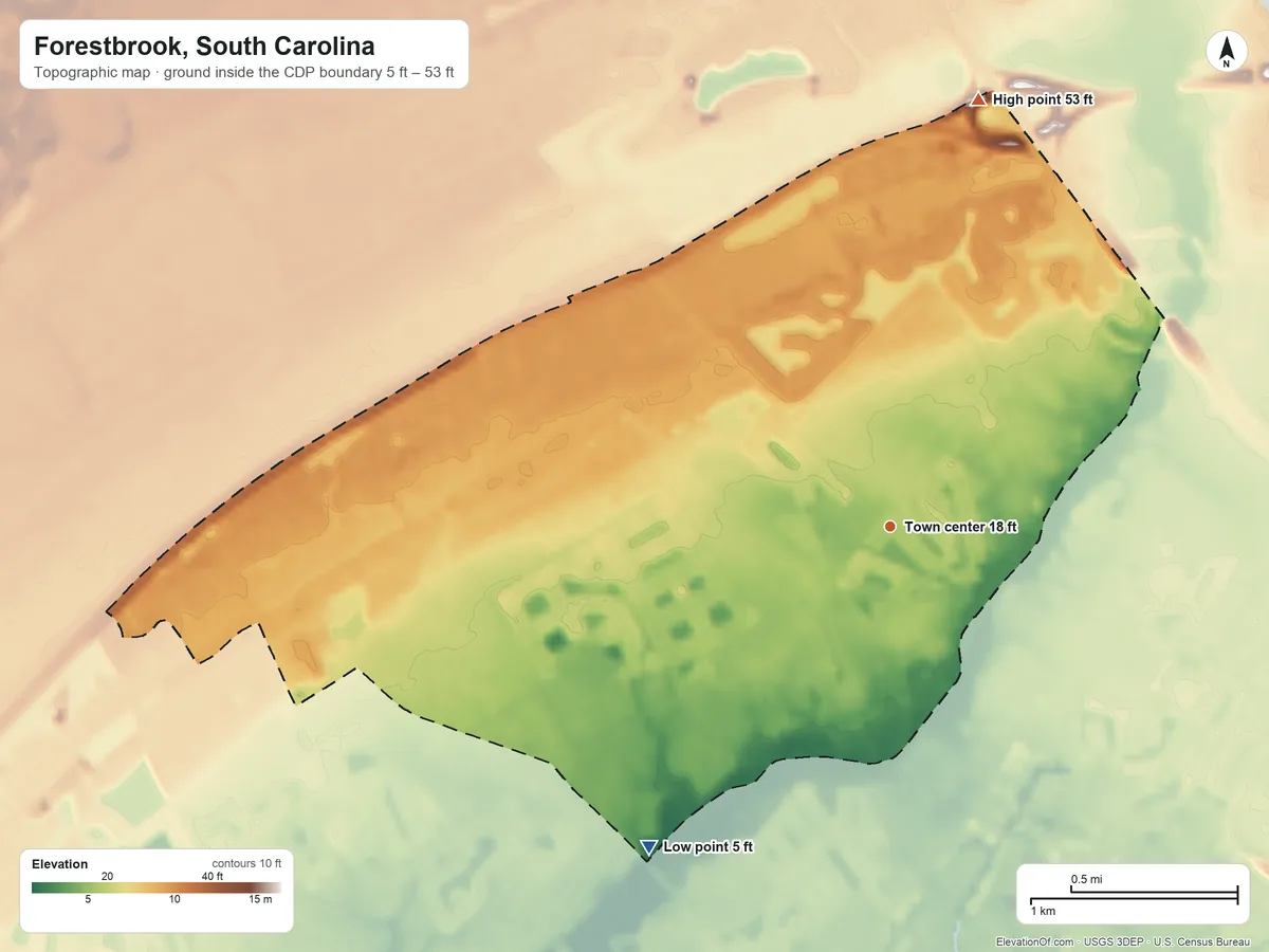 Topographic elevation map of Forestbrook, South Carolina, shaded from 5 ft on the southwest side to 53 ft on the north side
