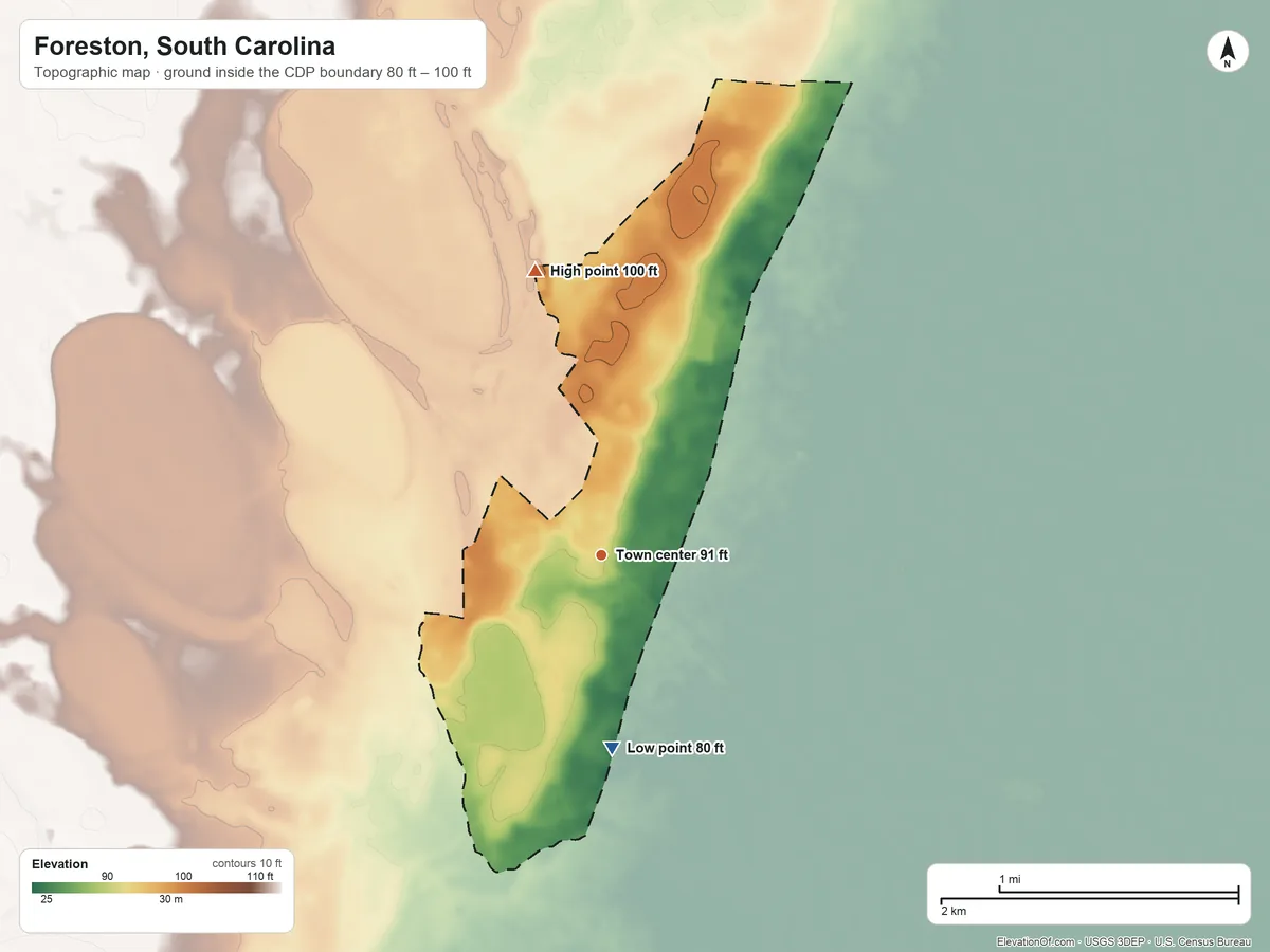 Topographic elevation map of Foreston, South Carolina, shaded from 80 ft on the south side to 100 ft on the north side