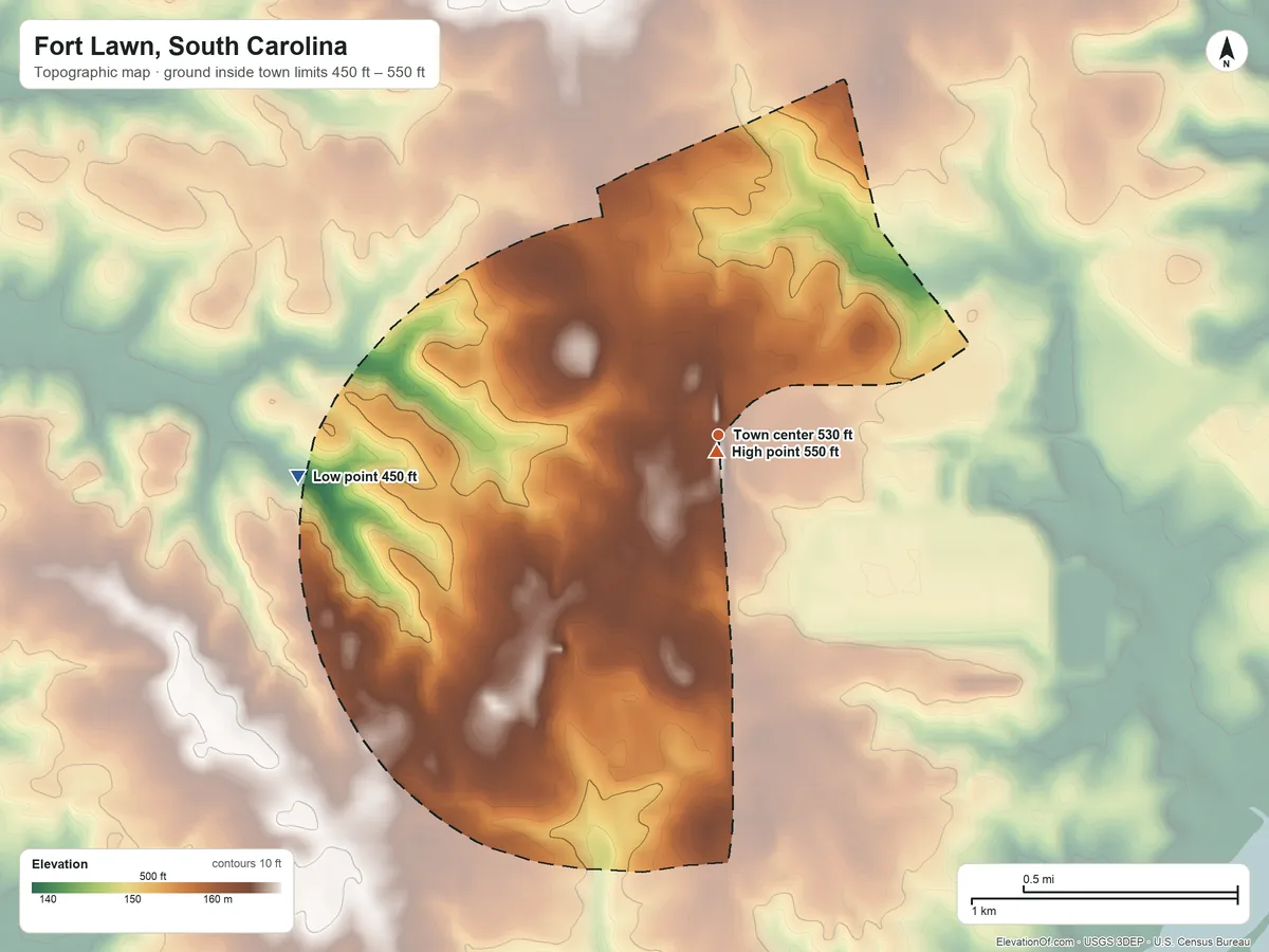 Topographic elevation map of Fort Lawn, South Carolina, shaded from 450 ft on the west side to 550 ft near the middle