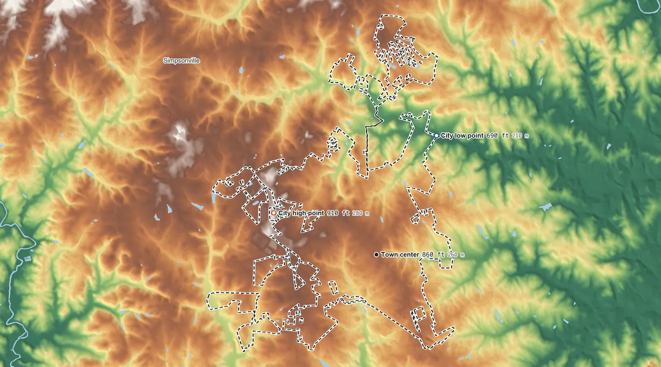 Topographic elevation map of Fountain Inn, South Carolina, shaded from 690 ft on the northeast side to 910 ft on the west side