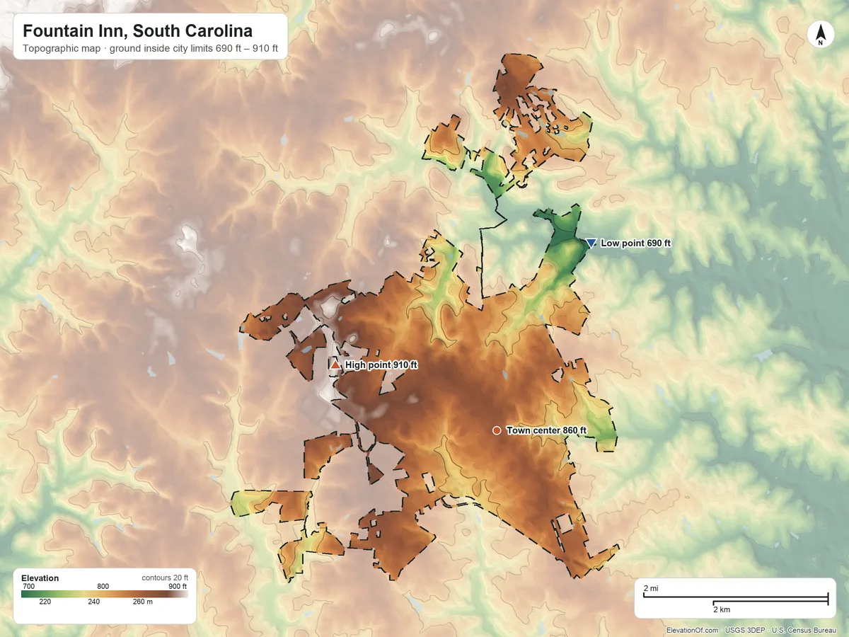 Topographic elevation map of Fountain Inn, South Carolina, shaded from 690 ft on the northeast side to 910 ft on the west side