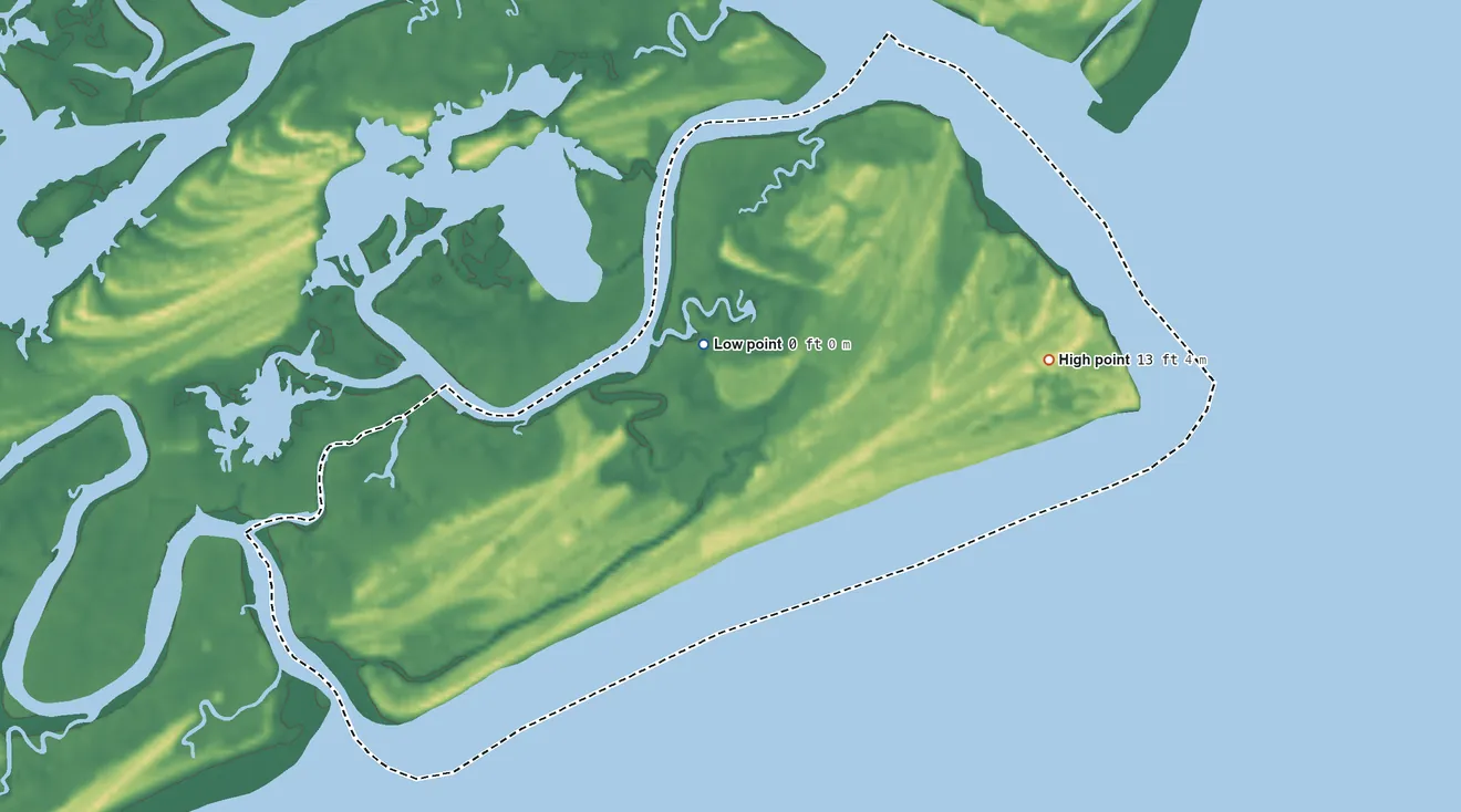 Topographic elevation map of Fripp Island, South Carolina, shaded from sea level level on the Atlantic Ocean to 13 ft on the east side
