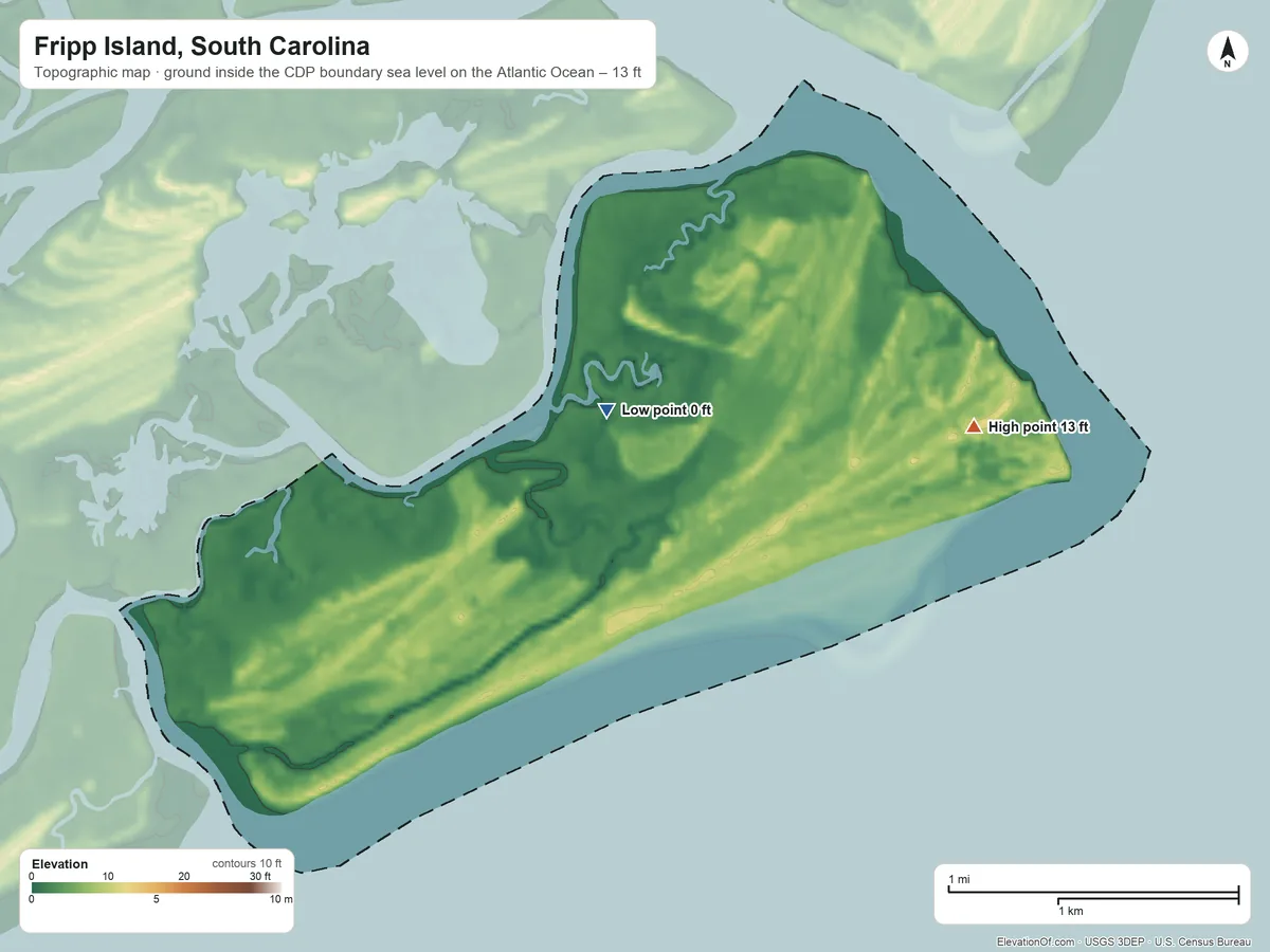 Topographic elevation map of Fripp Island, South Carolina, shaded from sea level level on the Atlantic Ocean to 13 ft on the east side