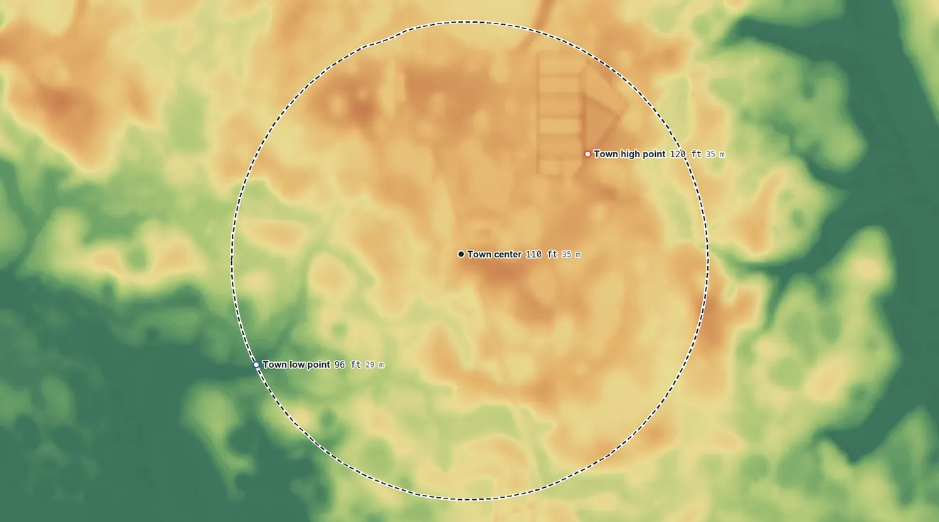 Topographic elevation map of Furman, South Carolina, shaded from 96 ft on the southwest side to 120 ft on the northeast side