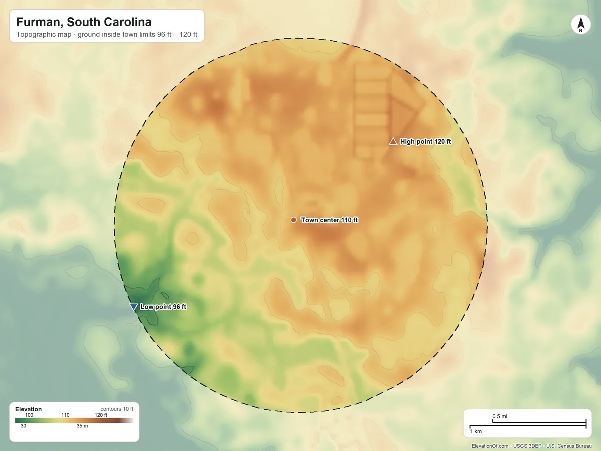 Topographic elevation map of Furman, South Carolina, shaded from 96 ft on the southwest side to 120 ft on the northeast side
