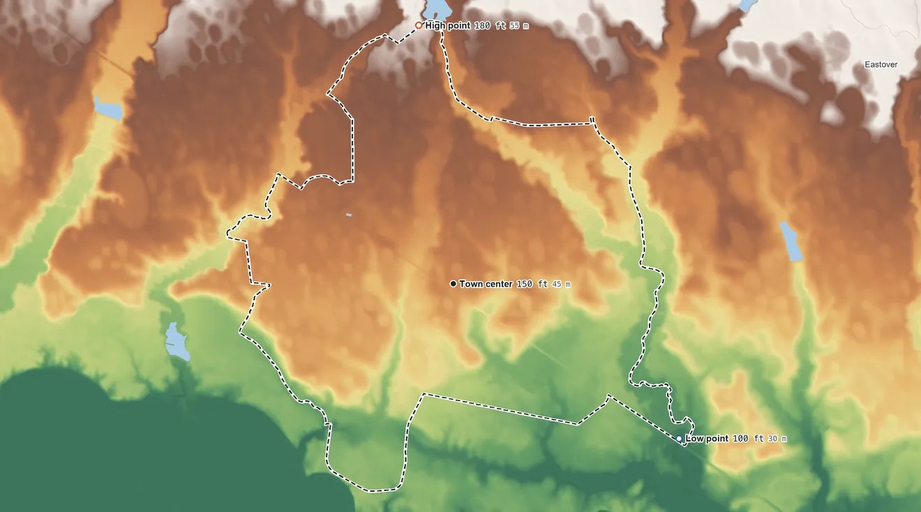 Topographic elevation map of Gadsden, South Carolina, shaded from 100 ft on the southeast side to 180 ft on the north side