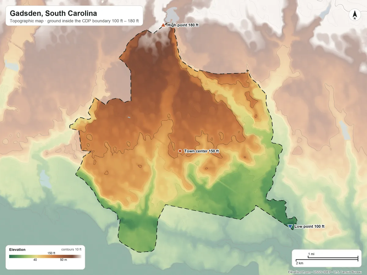 Topographic elevation map of Gadsden, South Carolina, shaded from 100 ft on the southeast side to 180 ft on the north side