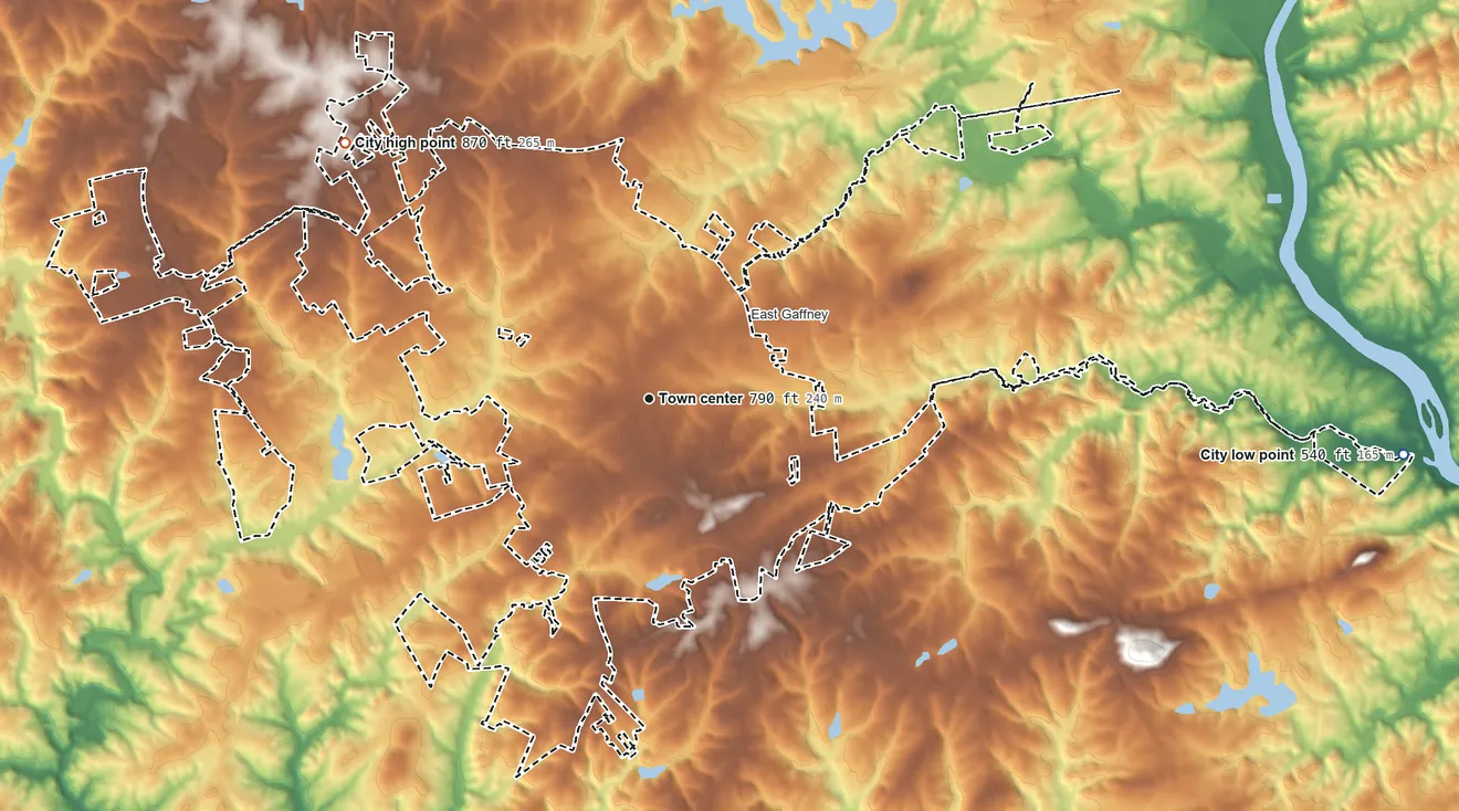 Topographic elevation map of Gaffney, South Carolina, shaded from 540 ft on the east side to 870 ft on the northwest side