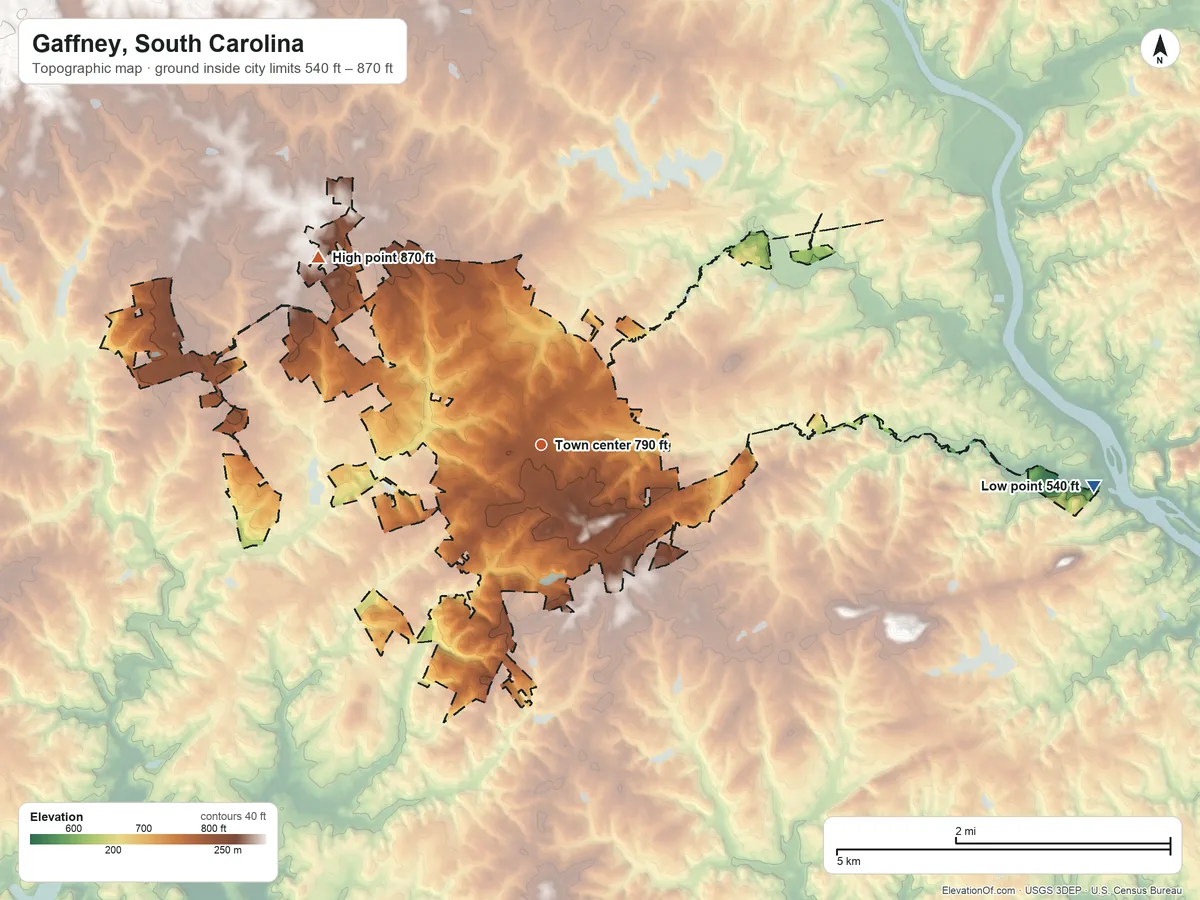 Topographic elevation map of Gaffney, South Carolina, shaded from 540 ft on the east side to 870 ft on the northwest side