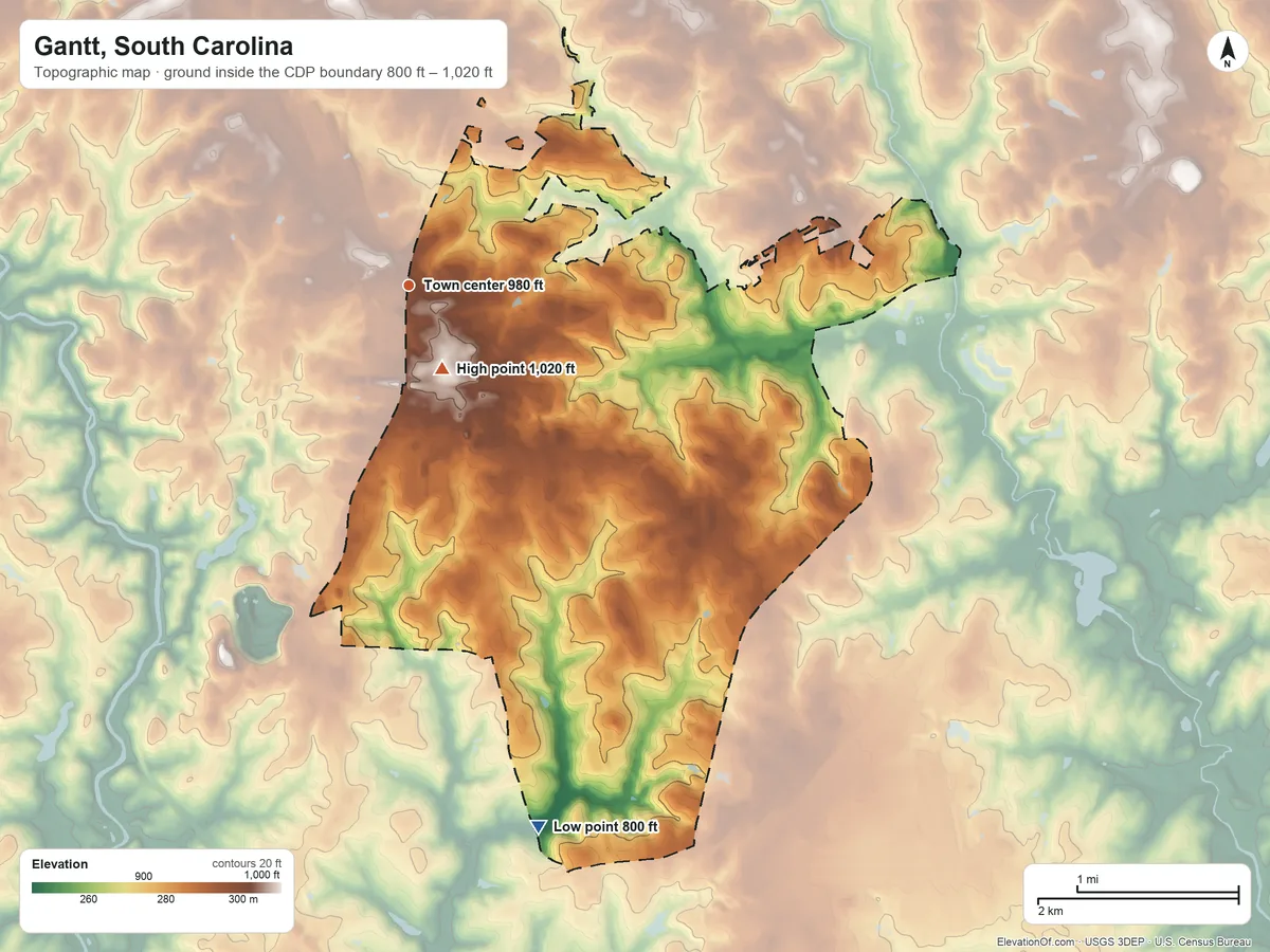 Topographic elevation map of Gantt, South Carolina, shaded from 800 ft on the south side to 1,020 ft near the middle