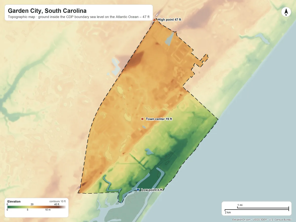 Topographic elevation map of Garden City, South Carolina, shaded from sea level level on the Atlantic Ocean to 47 ft on the north side