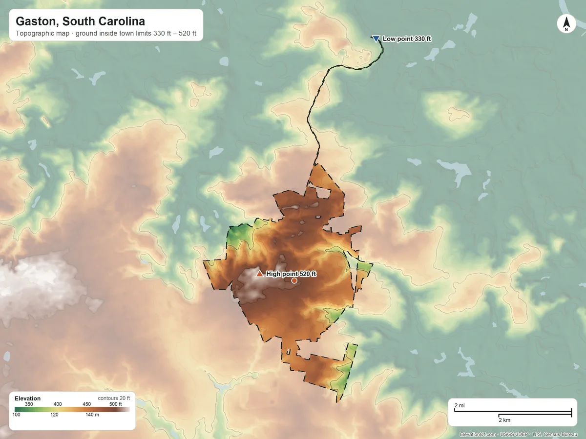 Topographic elevation map of Gaston, South Carolina, shaded from 330 ft on the north side to 520 ft near the middle