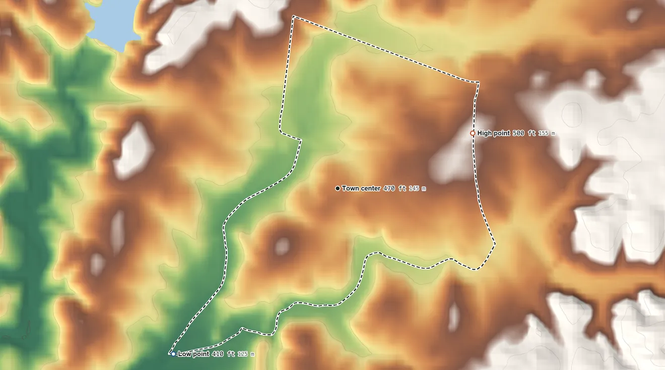 Topographic elevation map of Gayle Mill, South Carolina, shaded from 410 ft on the southwest side to 500 ft on the east side