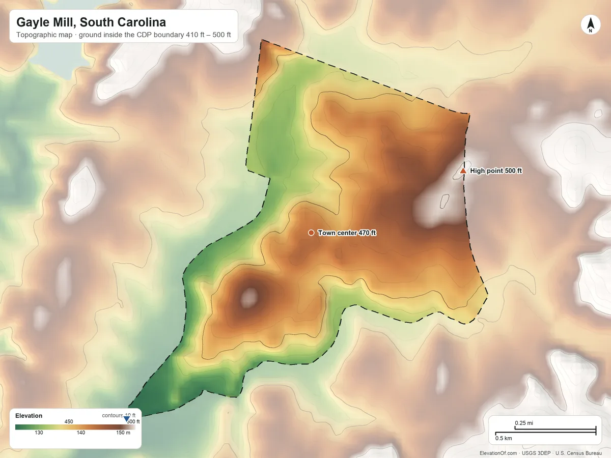 Topographic elevation map of Gayle Mill, South Carolina, shaded from 410 ft on the southwest side to 500 ft on the east side