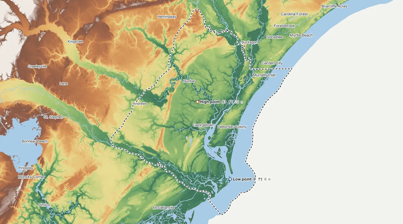 Topographic elevation map of Georgetown County, South Carolina, shaded from sea level on the Atlantic Ocean to 93 ft near the middle