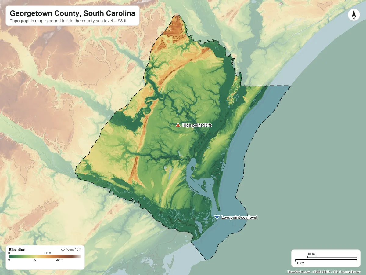 Topographic elevation map of Georgetown County, South Carolina, shaded from sea level on the Atlantic Ocean to 93 ft near the middle